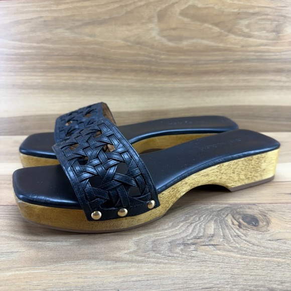 Tory Burch Basketweave Wooden Slides Womens 10.5 M Black Leather Slip On Clog - Picture 3 of 11